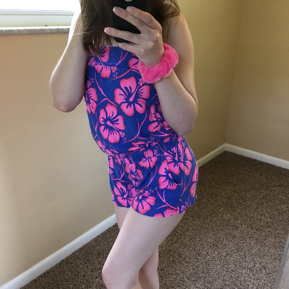 Hot pink floral strapless romper
